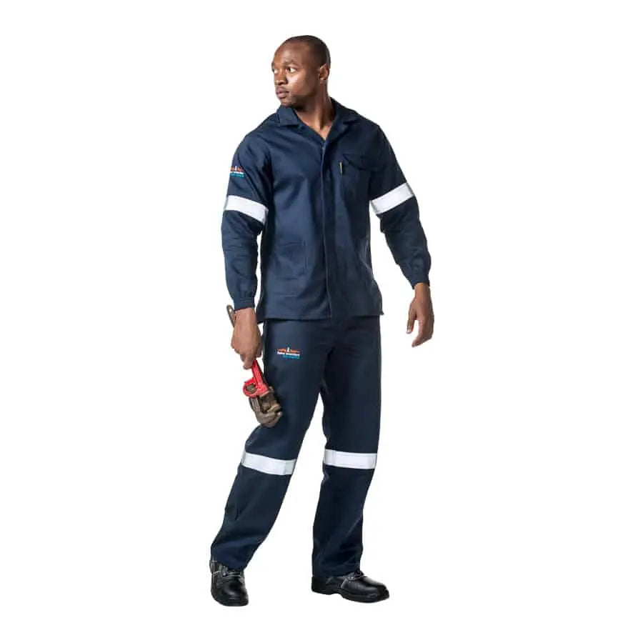 Navy work jacket and pants set with reflective stripes and utility pockets