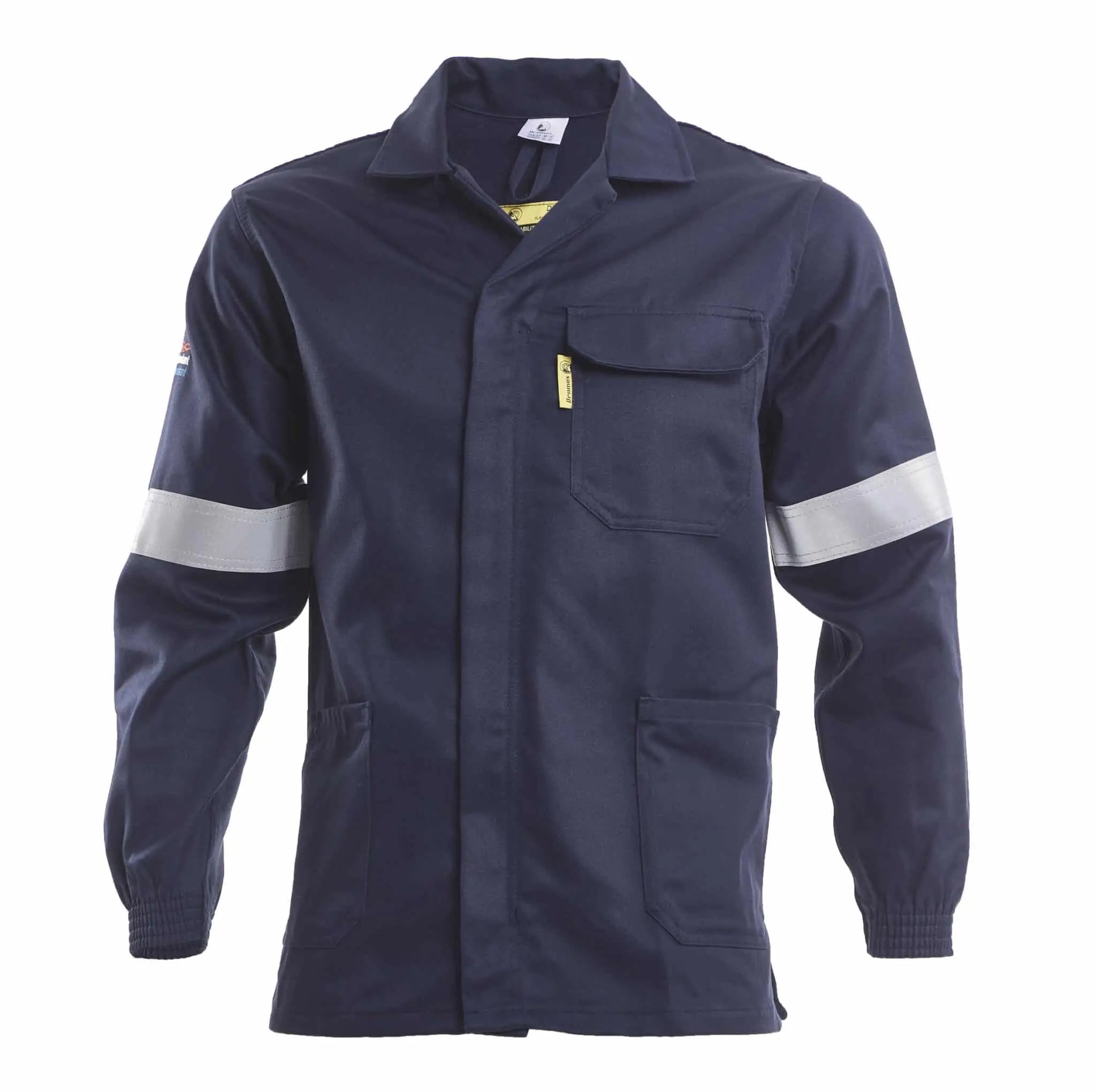 Navy work jacket with high collar, chest pocket, and reflective sleeve bands