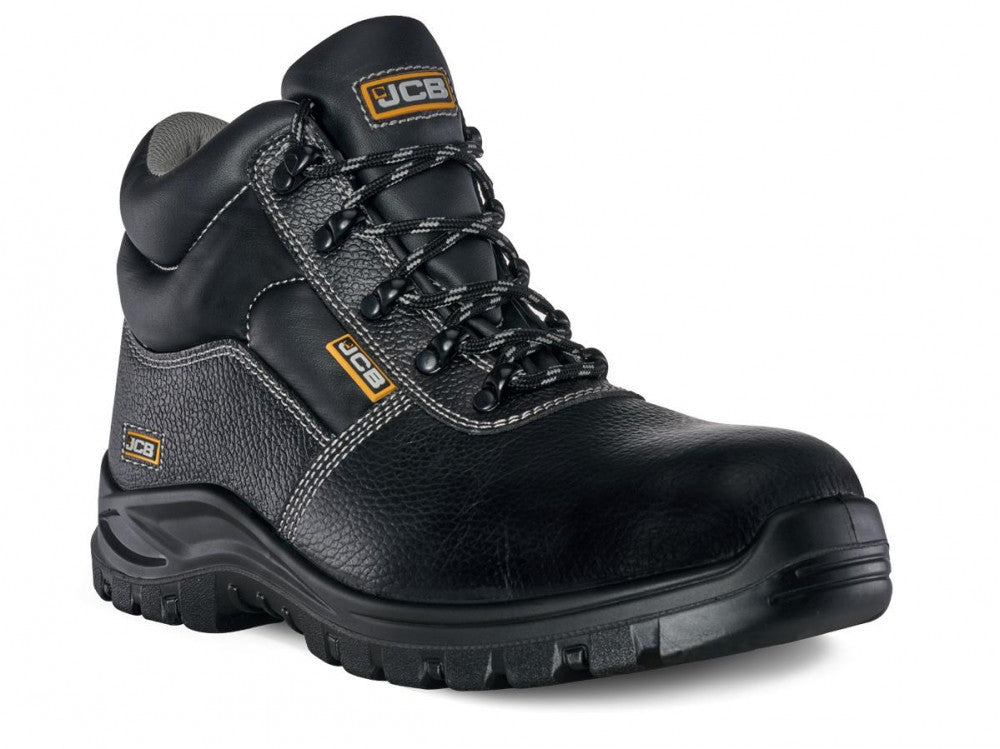 Black leather chukka safety boot, steel toe, lace-up with grippy rubber sole