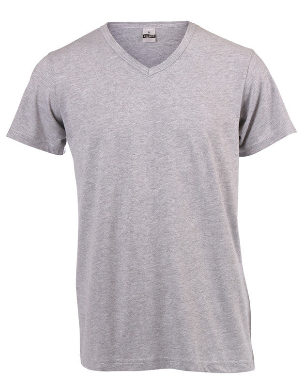 V-neck T-shirt in heather grey, short sleeves with ribbed V-neck and neck label