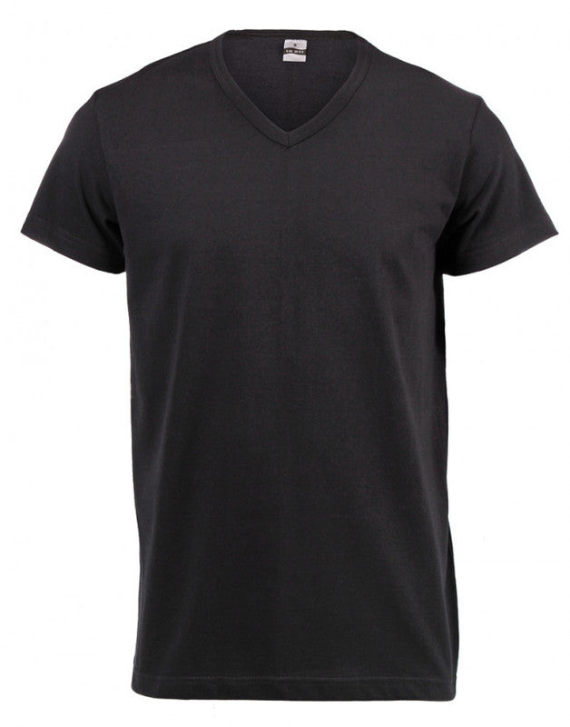 Black V-neck T-shirt, short sleeves, small tag at collar