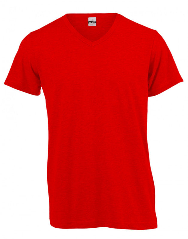 Red V-neck T-shirt, short sleeves, small tag at collar