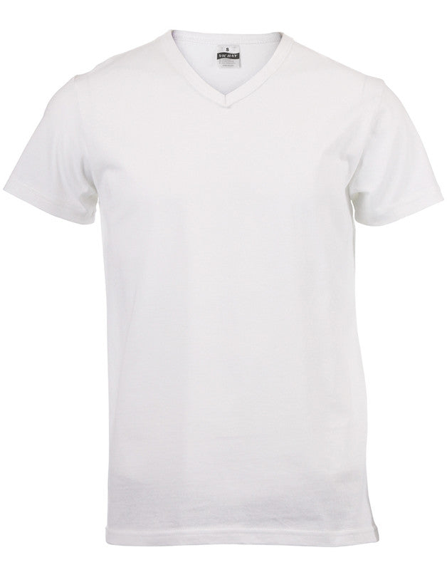 White V-neck T-shirt, short sleeves, small tag at collar