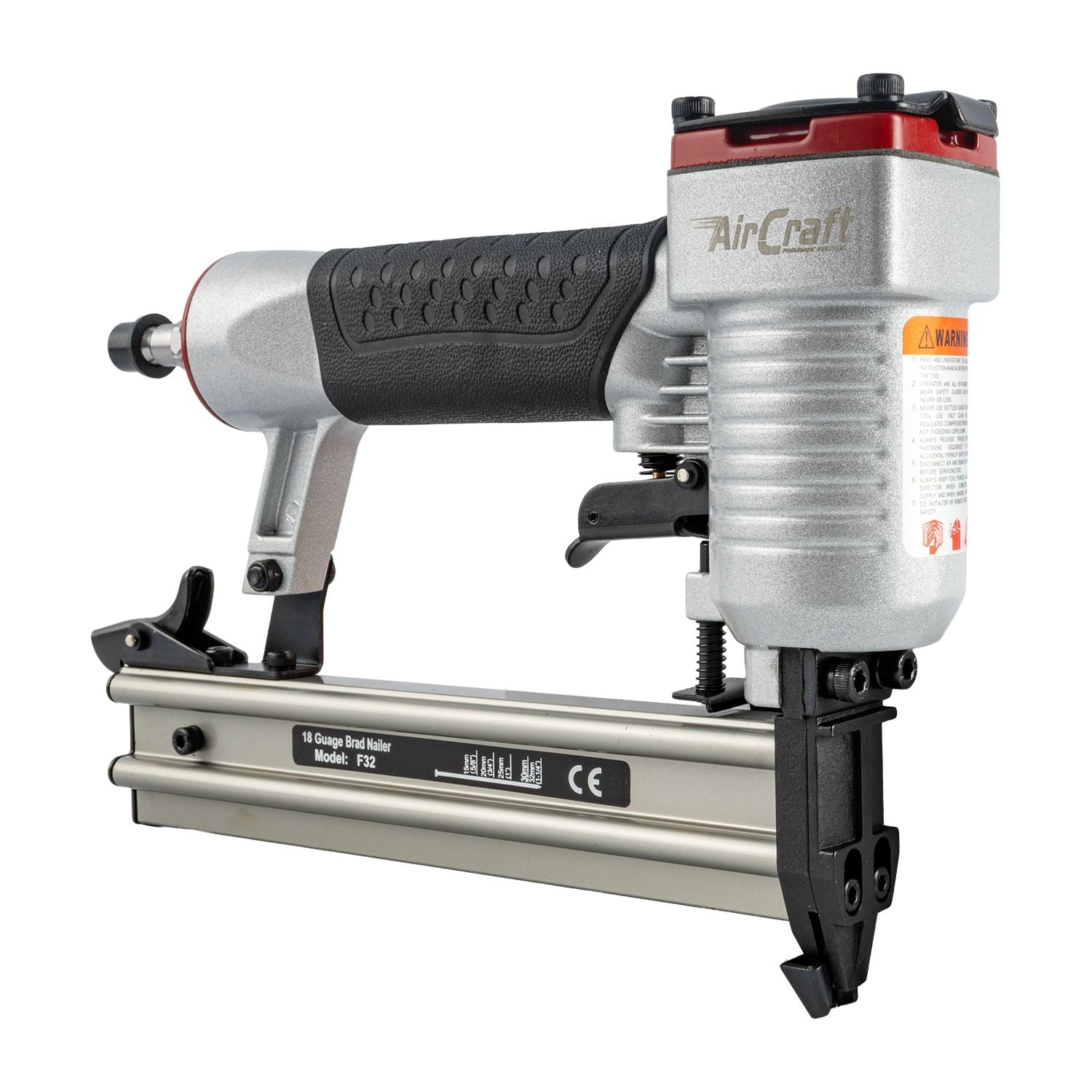 AirCraft pneumatic brad nailer with rubber grip, metal base, and nose guard