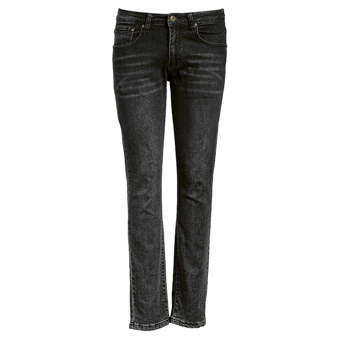 Black workwear jeans with belt loops, 5 pockets, and zip-fly closure