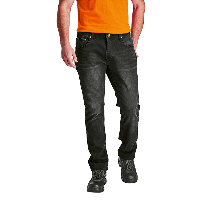 Black workwear jeans with belt loops, 5 pockets, and zip-fly closure (front view)