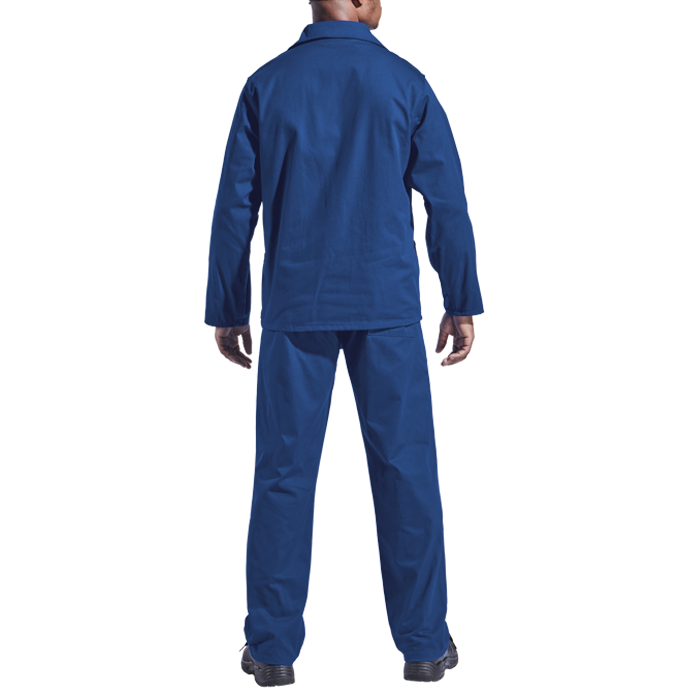 Men's blue work suit, back view: jacket and straight-leg pants