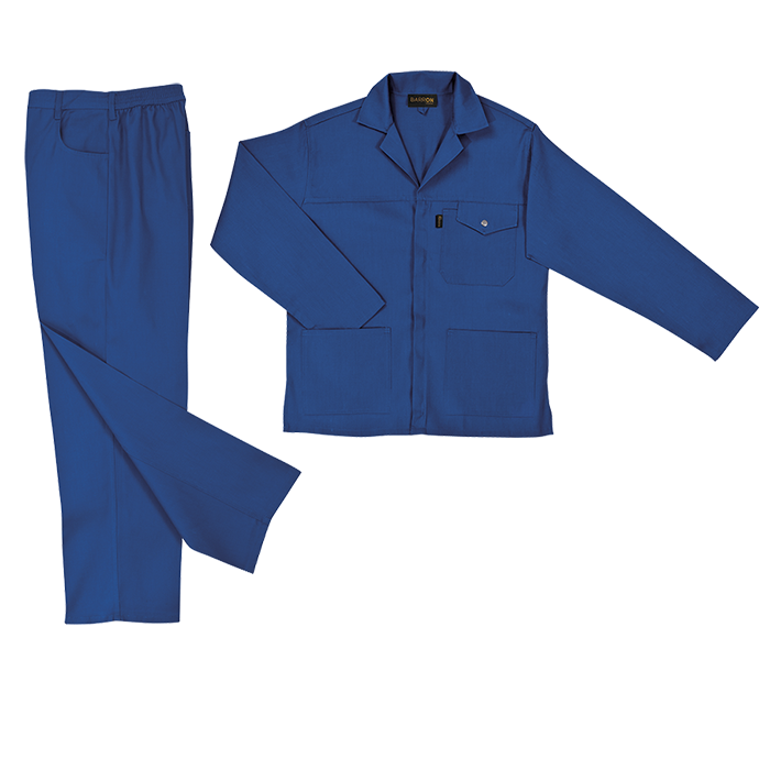 Navy-blue work jacket with flap chest pockets and matching straight-leg pants
