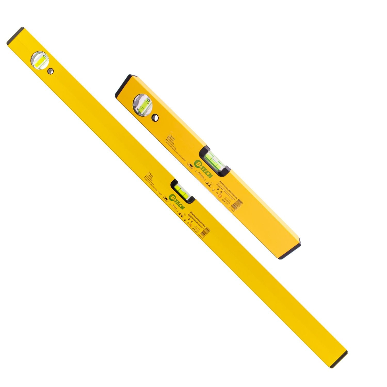 Yellow spirit level box set with two rectangular levels and round vial windows