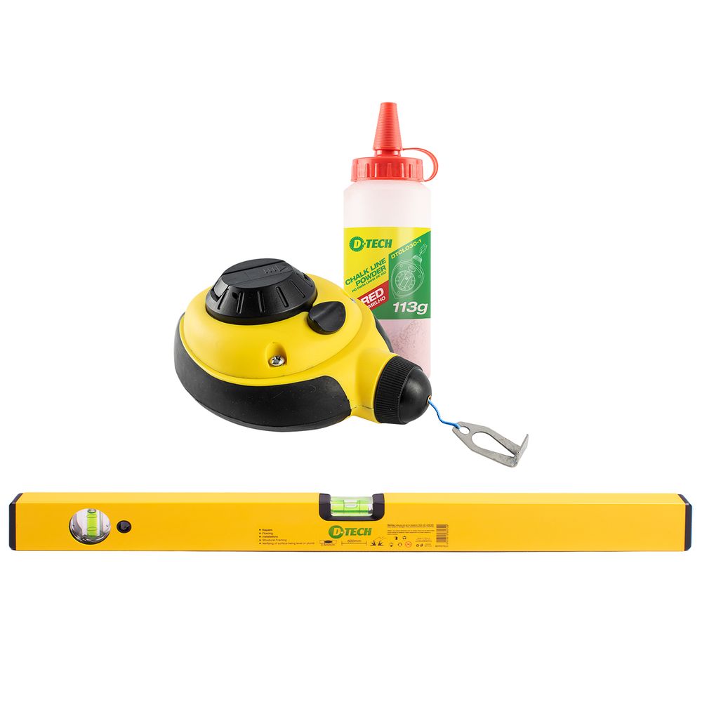 Yellow chalk line level tool with spirit vial and red chalk dispenser bottle
