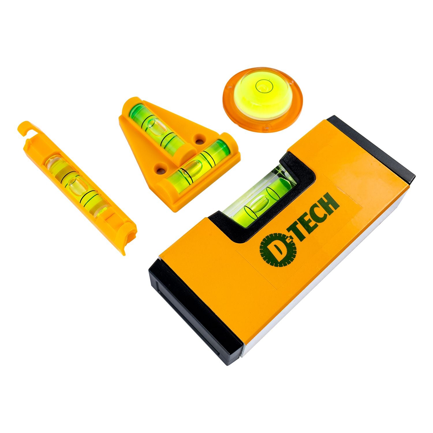 D-Tech yellow 4-piece level kit: line, round, T-type & mini levels, storage case