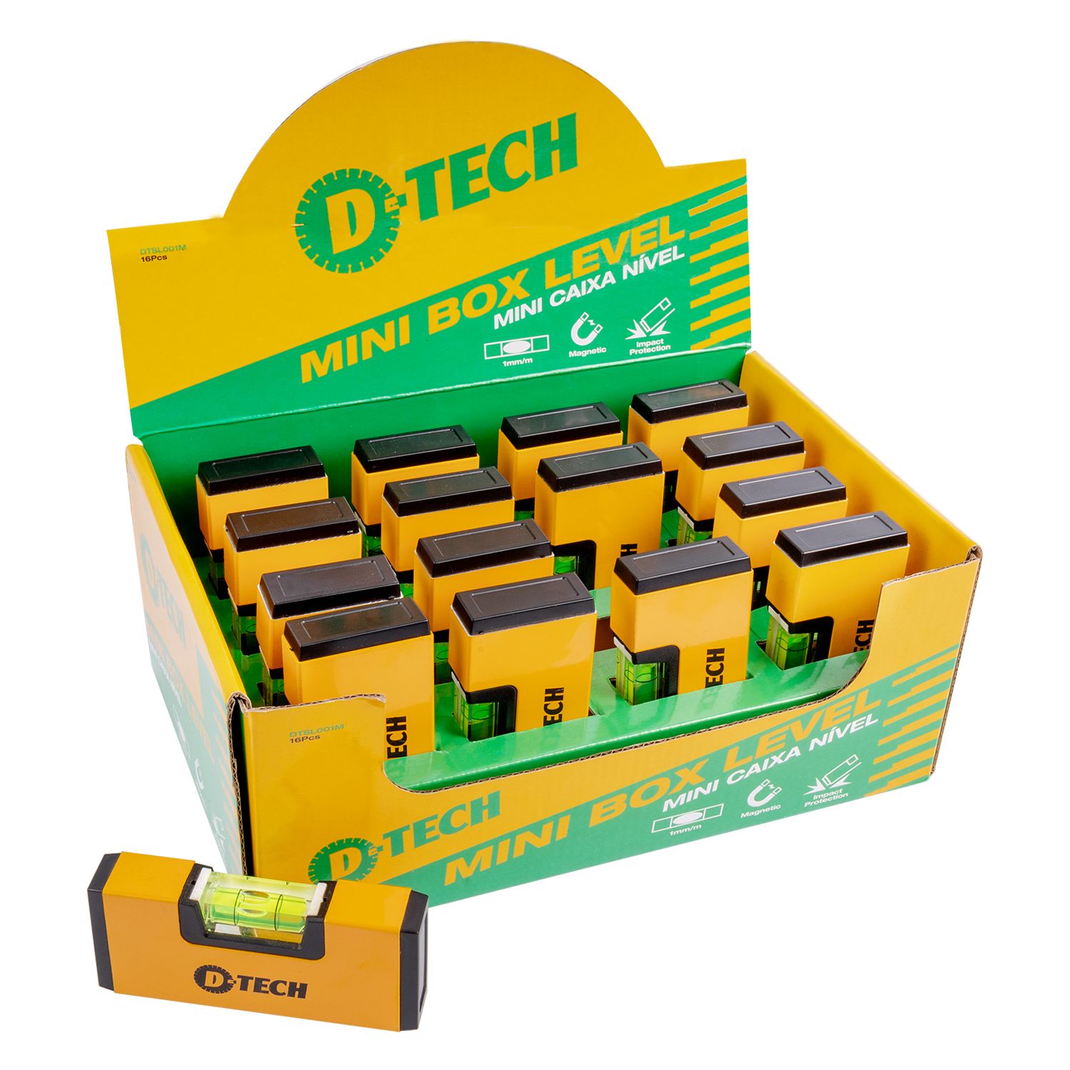 Yellow mini box level 16-pack PDQ display with multiple levels in open tray