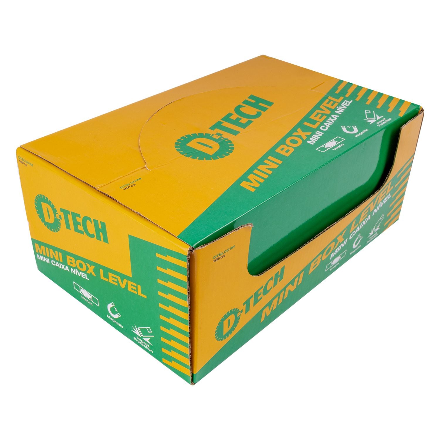 Yellow and green mini box level 16-pack display carton with handle cutout