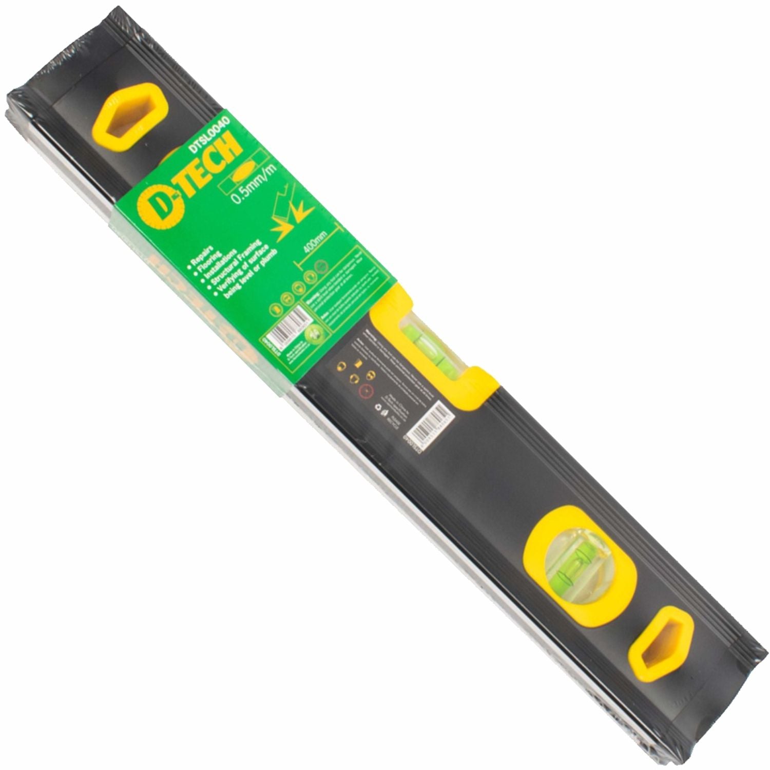 400mm spirit level beam with black body and yellow vials, D-Tech logo
