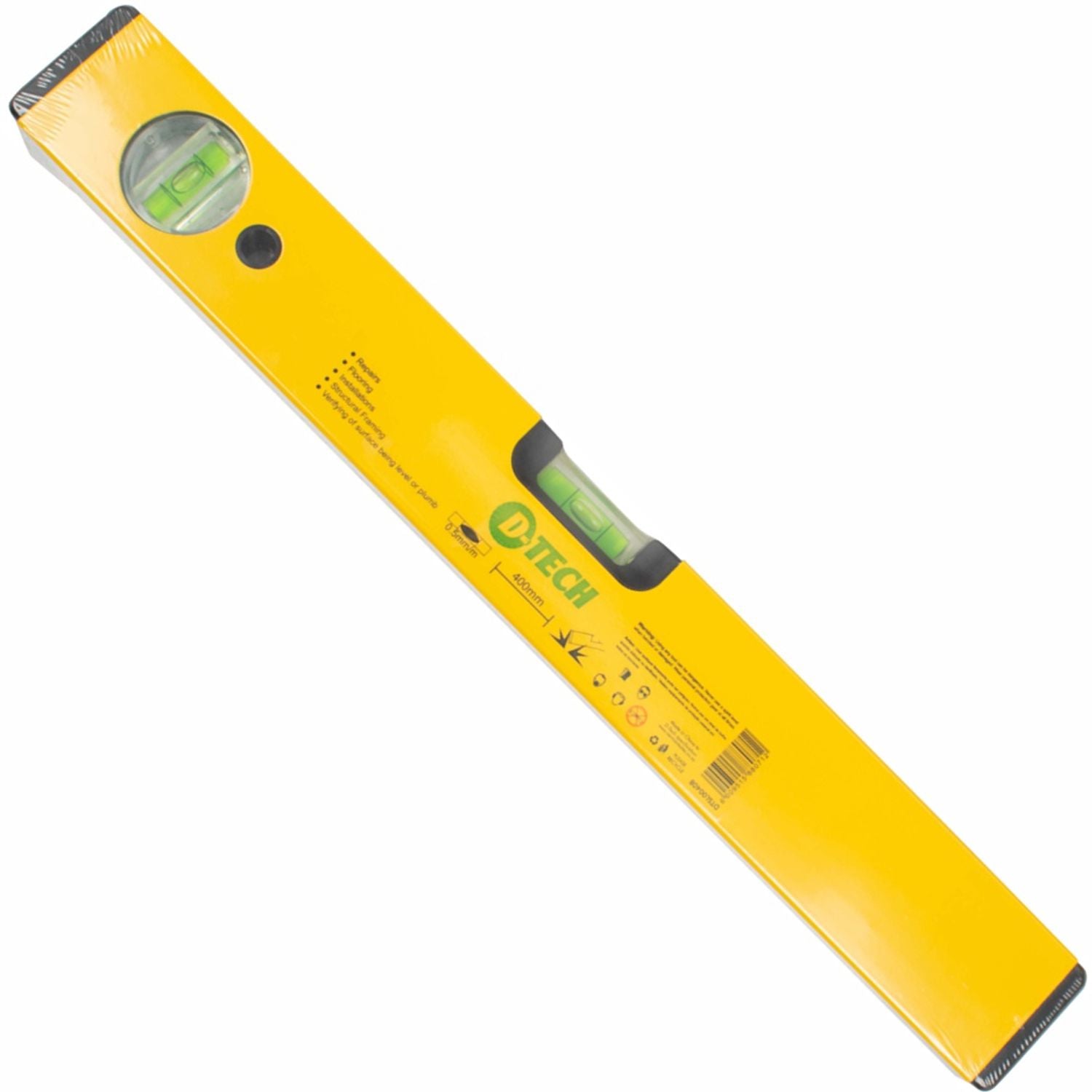 Yellow aluminium spirit level with green vial, 400mm box