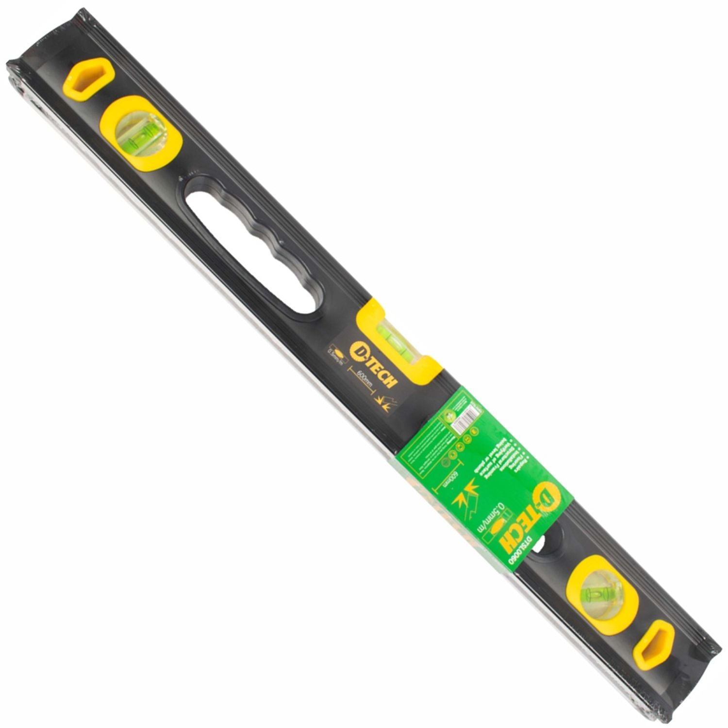 Black aluminium spirit level beam with yellow vials, 600 mm length