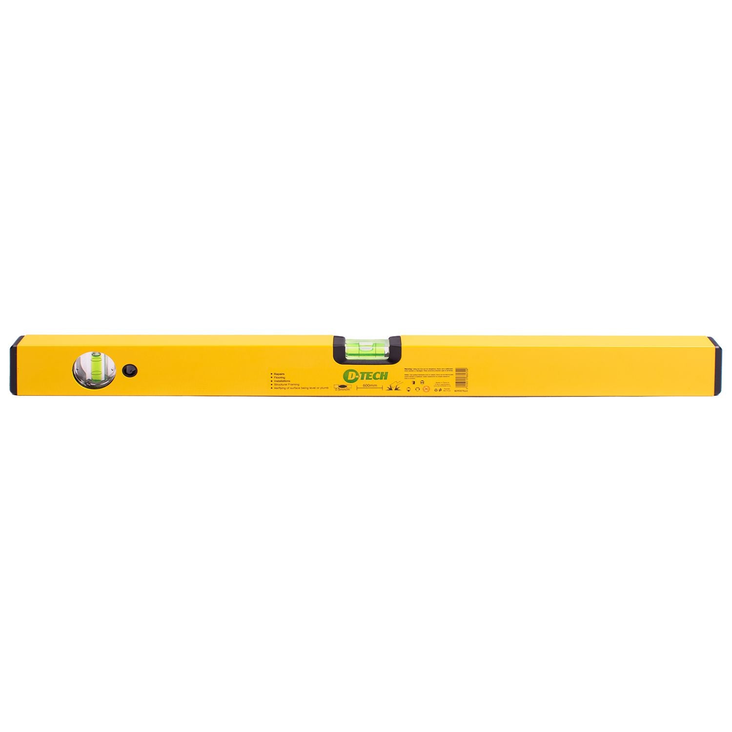 Yellow aluminum spirit level with green vials, long box design