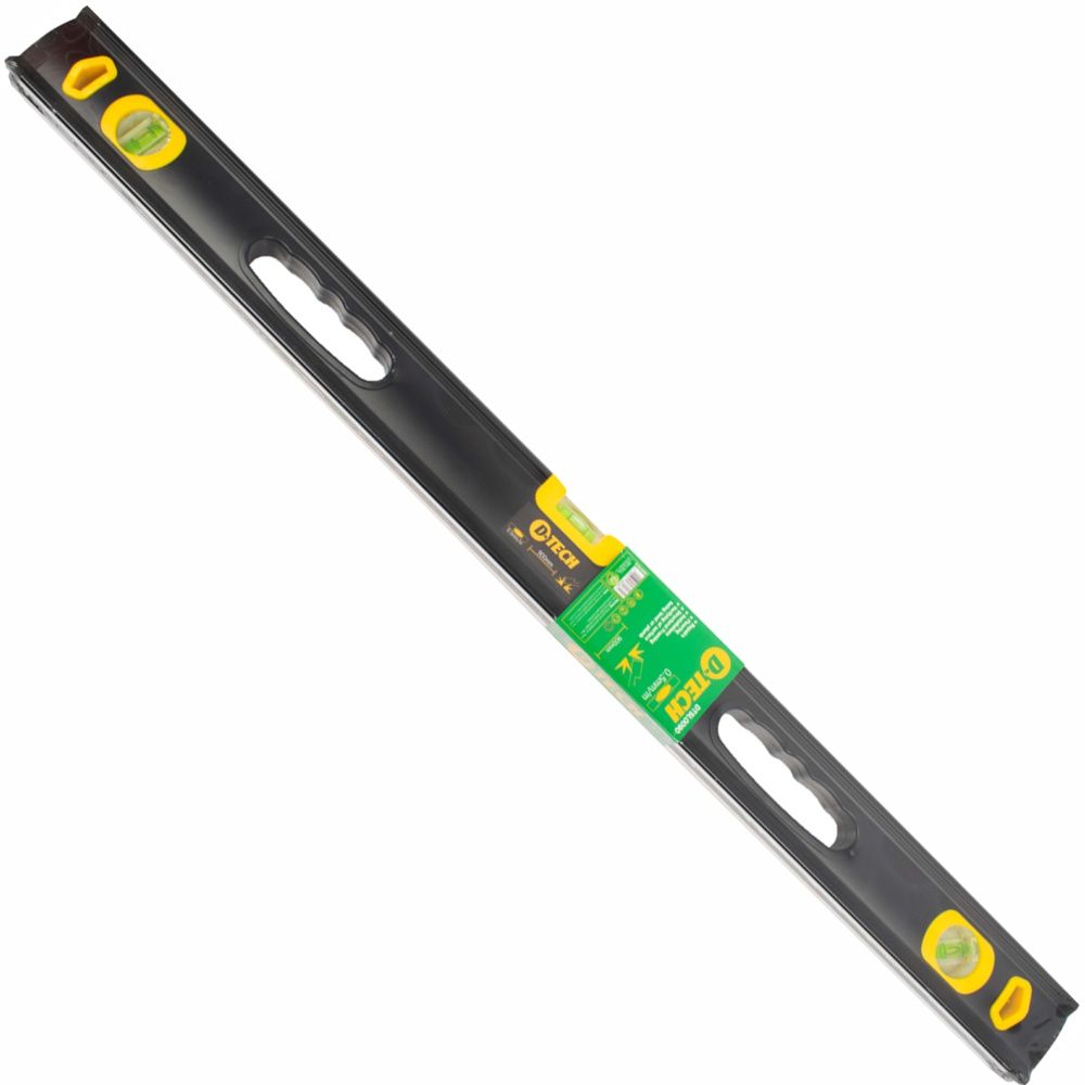 900mm spirit level beam with black body and yellow vials, green accuracy label