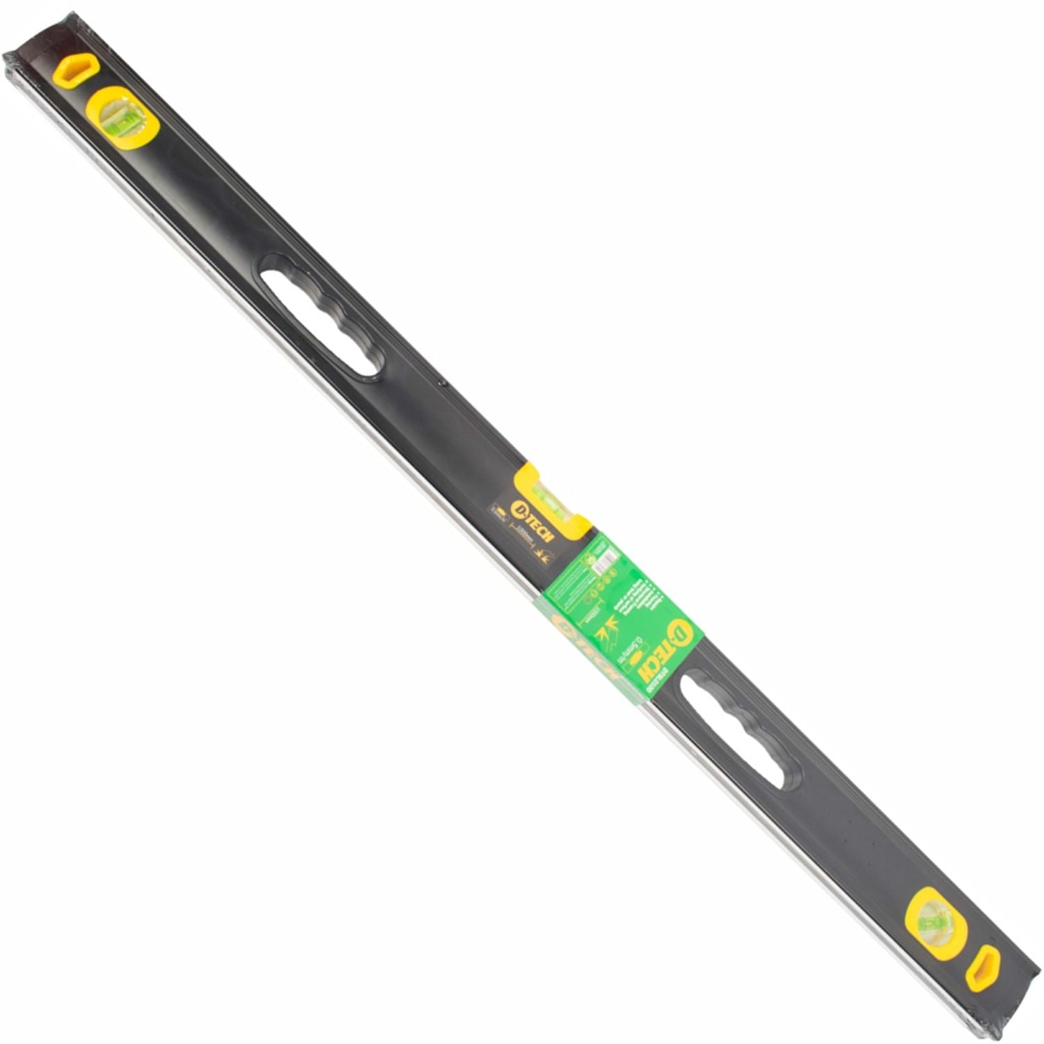 Black spirit level beam with silver aluminum body and vials, 1000mm
