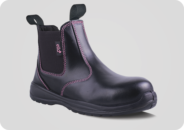 Black Chelsea safety boot with pink contrast stitching and pull-on elastic panels