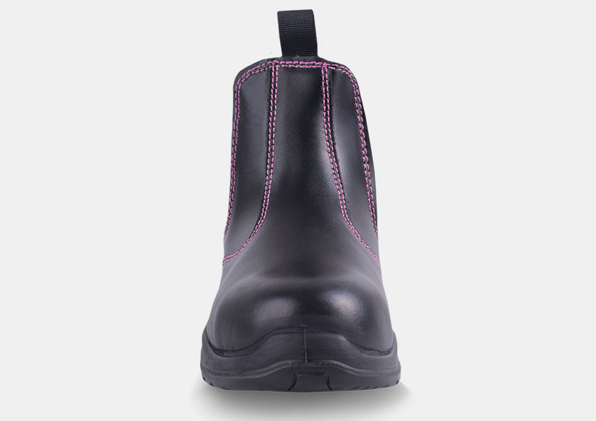 Black Chelsea safety boot rear view with pink trim and elastic gore panels