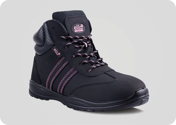 Ladies safety boot, black with pink laces and striped side panels, padded collar