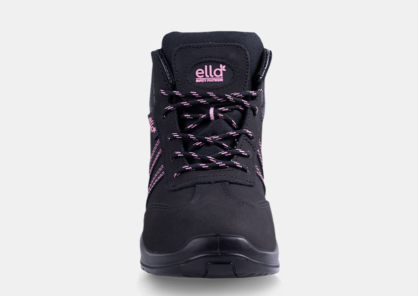 Ladies safety boot, black with pink lace accents and padded tongue, front view
