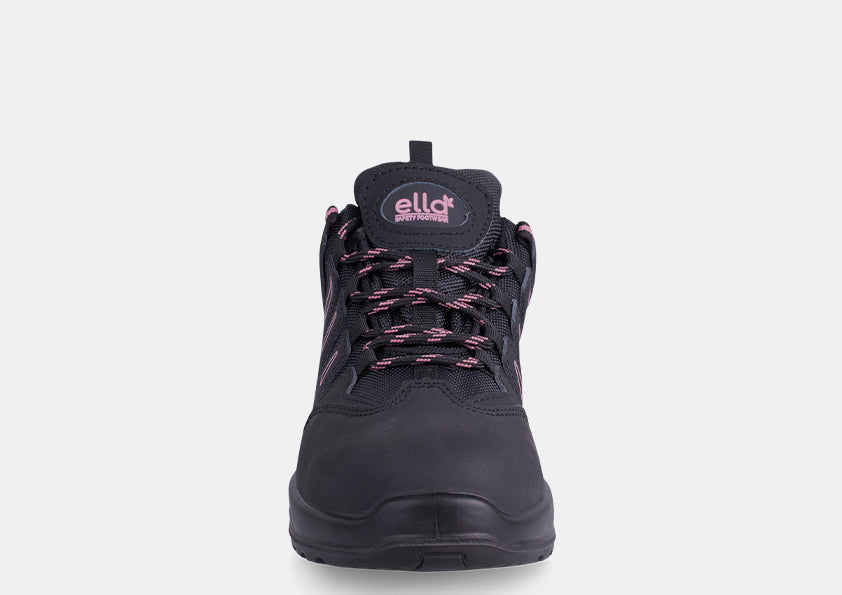Ella Lily ladies safety shoe back view, dark upper with pink lace and logo patch
