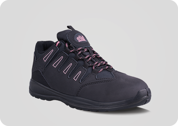 Ella Lily ladies safety shoe, dark upper with pink accents and lace-up design