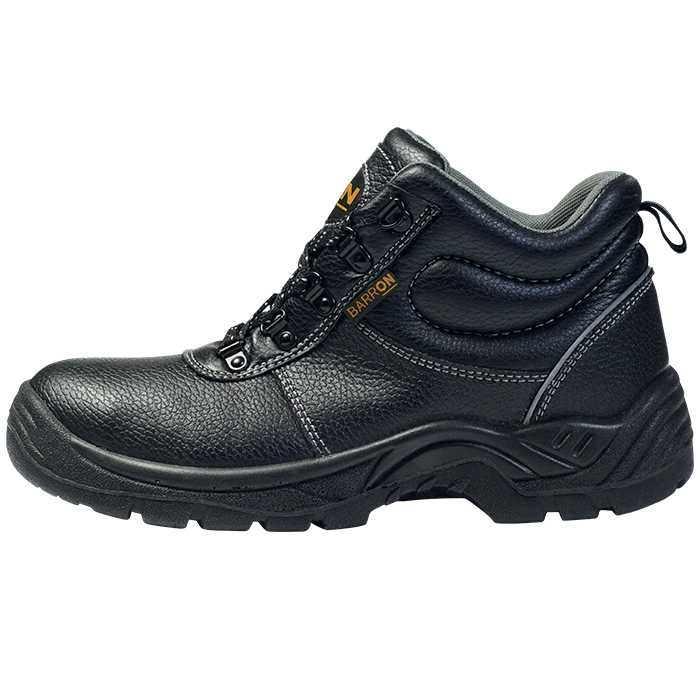 Black leather safety boot with lace-up front and padded collar, side strap detail