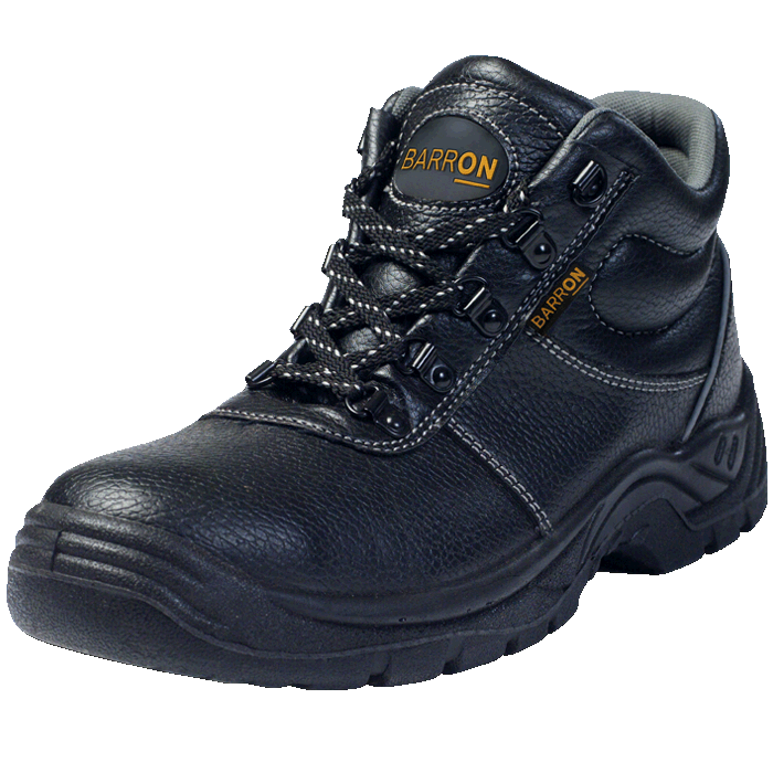 Dark leather safety boot with BARON logo on tongue, lace-up eyelets and ankle strap