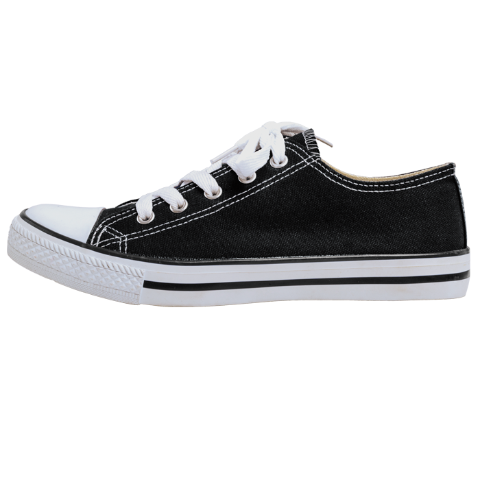 Black canvas lace-up sneaker with white eyelets and rubber toe cap