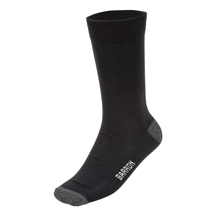 Black duty sock with Barron logo on ankle, crew length