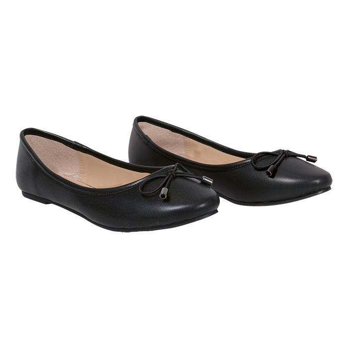 Black ladies' pump flats with bow-tie tassel and metal accent