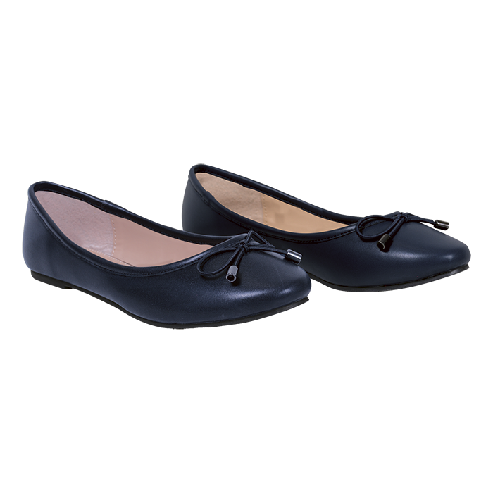 Navy ladies' pump flats, side view with bow-tie tassel detail