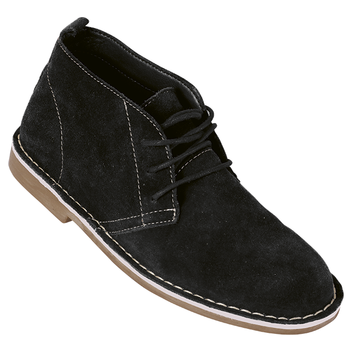 Barron veldskoen black suede lace-up desert boot with contrast stitching and tan sole