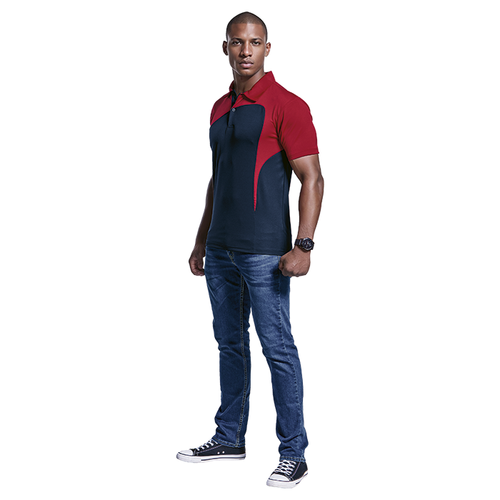Men's colorblock golfer polo shirt by Barron, red and dark navy with button placket