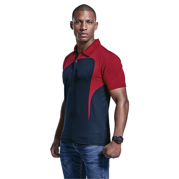 Men's colorblock golfer polo shirt by Barron, red front and dark navy side panels
