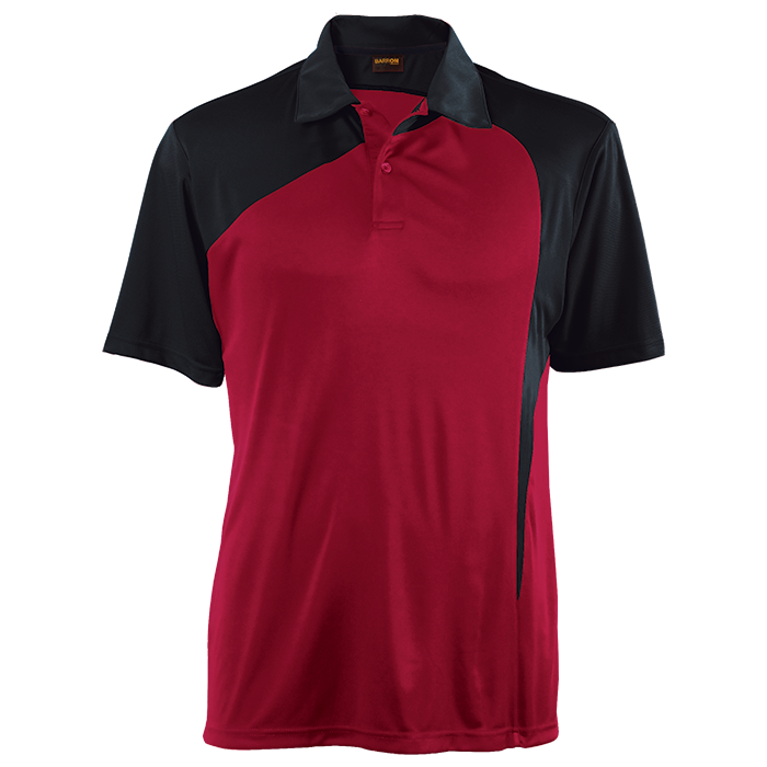 Men's golfer polo shirt by Barron with red body, dark navy collar and sleeves