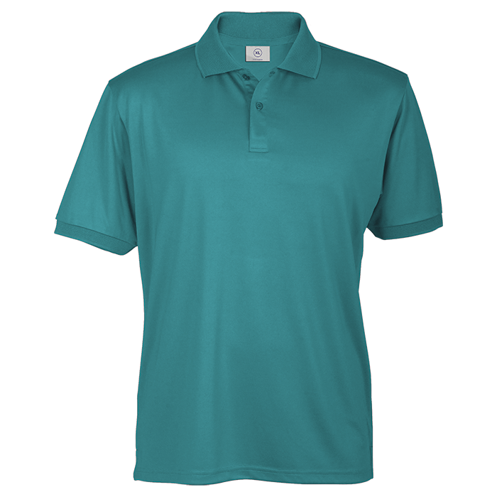 Aquamarine men’s short-sleeve polo shirt with button placket and solid knit collar.