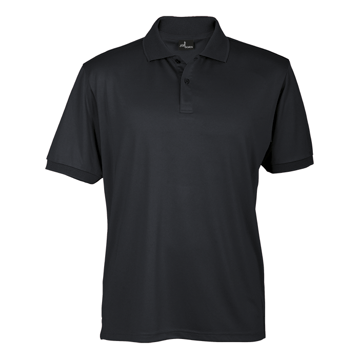 Black men’s short-sleeve polo shirt with 3-button placket and knit collar.