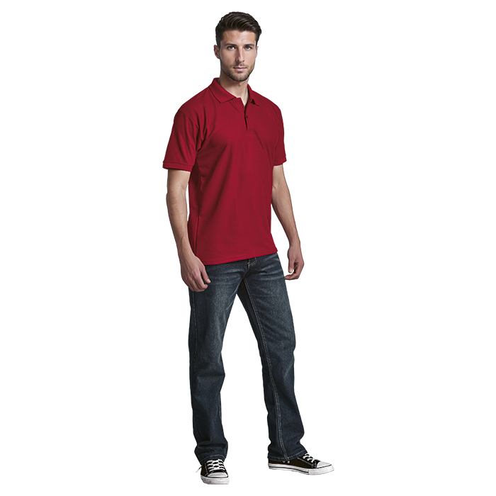 Men’s red short-sleeve polo shirt worn with jeans, front view.