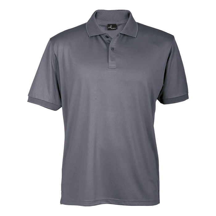 Grey men’s short-sleeve polo shirt with button placket and knit collar.
