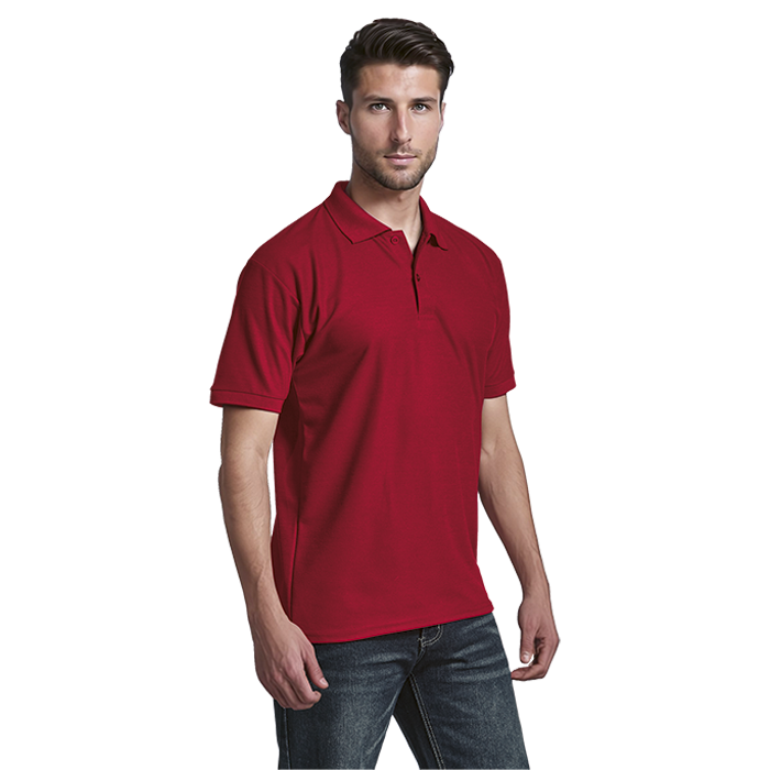 Men’s red short-sleeve polo shirt with 3-button placket and collar, front view.