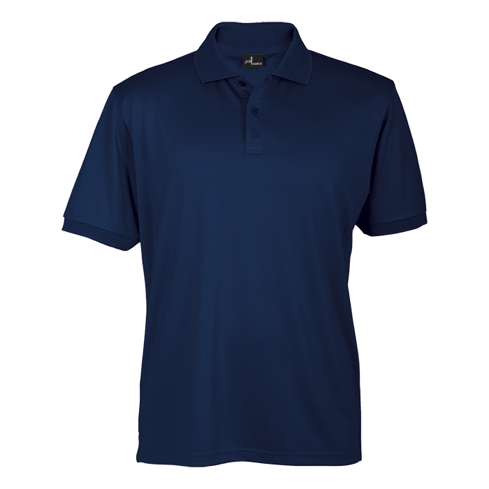 Navy men’s short-sleeve polo shirt with 3-button placket and knit collar.