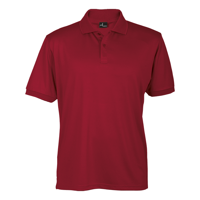 Red men’s short-sleeve polo shirt with 3-button placket and knit collar.