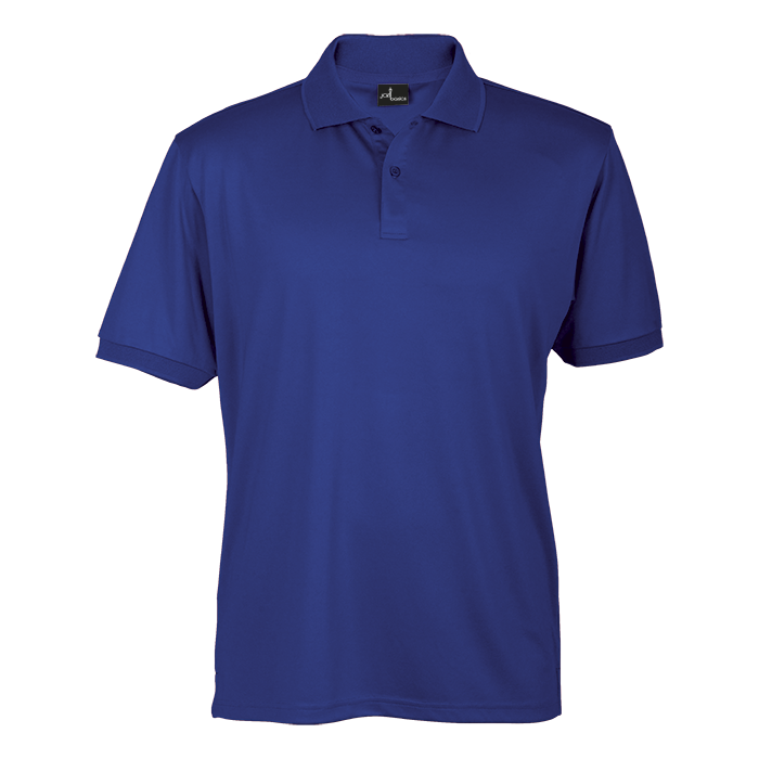 Royal blue men’s short-sleeve polo shirt with 3-button placket and knit collar.