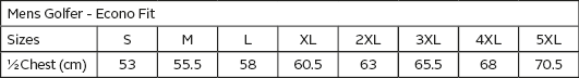 Men’s polo sizing chart (Econo Fit): sizes S–5XL with chest and length measures.