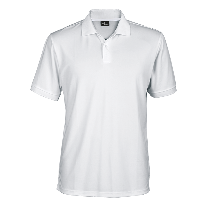 White men’s short-sleeve polo shirt with 3-button placket and knit collar.