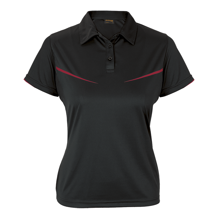 Women's golf polo shirt, black with red accent stripe and button placket collar